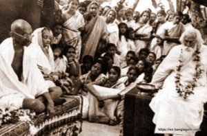 Rabindranath Tagore with Mohandas Gandhi and Kasturba Gandhi at Shantiniketan, British India in 1940